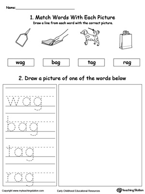 Practice tracing, drawing and recognizing the sounds of the letters AG in this Word Family printable.