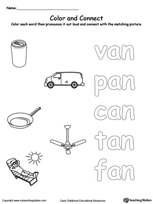 Practice coloring and fine motor skills in this AN Word Family printable worksheet.