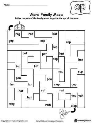 Practice thinking skills and word patterns with this AP Word Family maze printable worksheet.