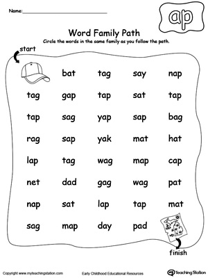 Find and circle words in this AP Word Family path printable worksheet.