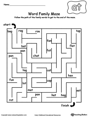 Practice thinking skills and word patterns with this AT Word Family maze printable worksheet.