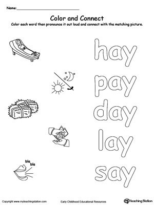 Practice coloring and fine motor skills in this AY Word Family printable worksheet.