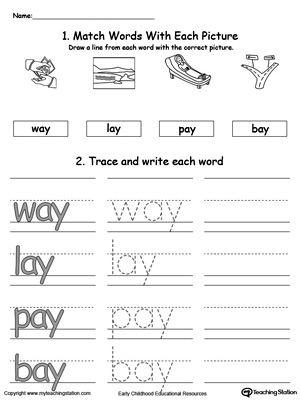 Worksheets Word Family Ay kindergarten printable worksheets myteachingstation com ay word family connect trace and write