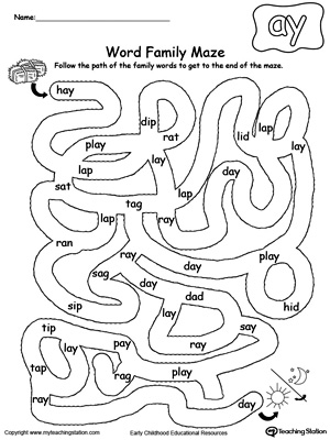 Practice thinking skills and word patterns with this AY Word Family maze printable worksheet.