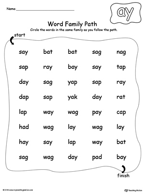 Find and circle words in this AY Word Family path printable worksheet.
