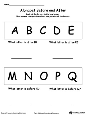 Learn the order of the alphabet with this before and after alphabet printable worksheet.