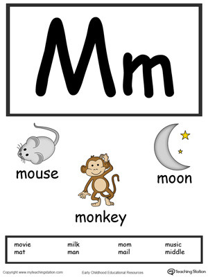 Recognize the letters and sounds at the beginning of words with Letter M Printable Alphabet Flash Cards.