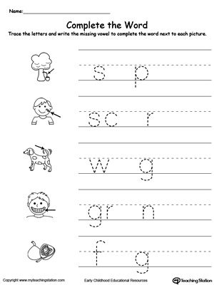 Missing vowel reading and writing worksheets for letters: A, I