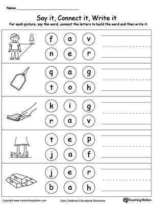 Build words by connecting the letters in this printable worksheet. Use words ending in AG, AP, AR.