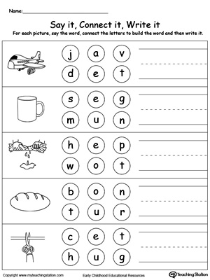 Build words by connecting the letters in this printable worksheet. Use words ending in ET, UG, UN, UT.