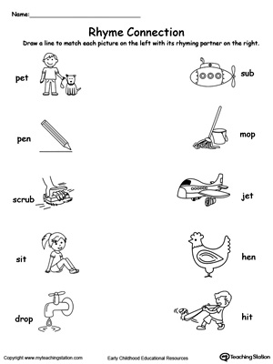 Teach Rhyming in kindergarten by connecting pictures with words ending in ET, EN, UB, IT or OP