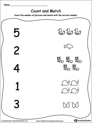 Practice simple number counting with this count and match picture printable worksheet. Your child will count the images and match with the correct number.
