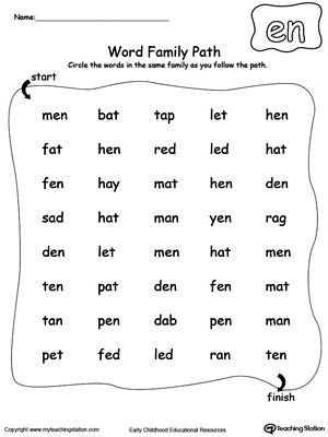 Find and circle words in this EN Word Family path printable worksheet.