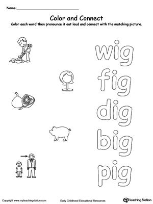 Practice coloring and fine motor skills in this IG Word Family printable worksheet.