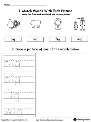 Practice tracing, drawing and recognizing the sounds of the letters IG in this Word Family printable.