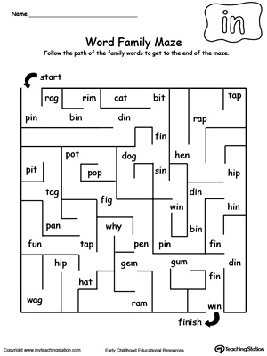 Practice thinking skills and word patterns with this IN Word Family maze printable worksheet.
