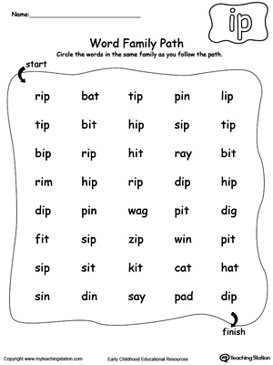 Find and circle words in this IP Word Family path printable worksheet.