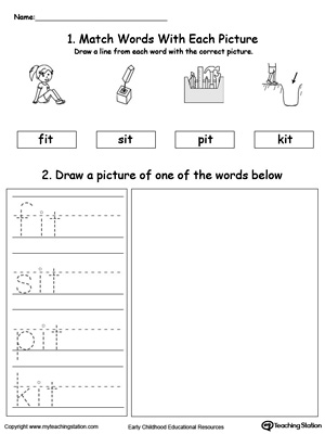 Practice tracing, drawing and recognizing the sounds of the letters IT in this Word Family printable.