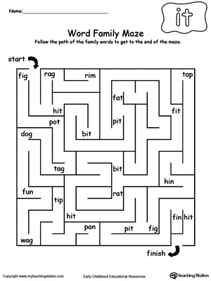 Practice thinking skills and word patterns with this IT Word Family maze printable worksheet.