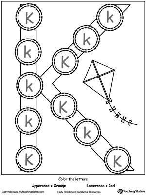 Practice identifying the uppercase and lowercase letter K in this preschool reading printable worksheet.