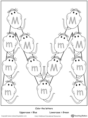 Practice identifying the uppercase and lowercase letter M in this preschool reading printable worksheet.
