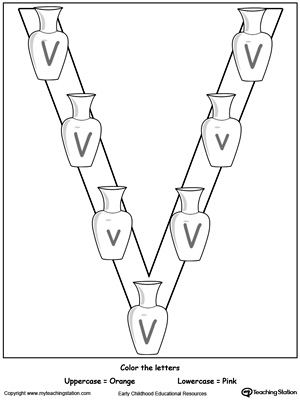 Practice identifying the uppercase and lowercase letter V in this preschool reading printable worksheet.
