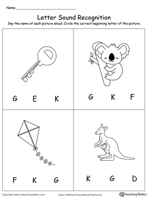 Practice recognizing the alphabet letter K sound in this picture match printable worksheet.