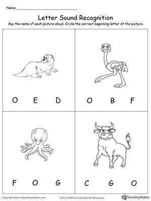 Practice recognizing the alphabet letter O sound in this picture match printable worksheet.