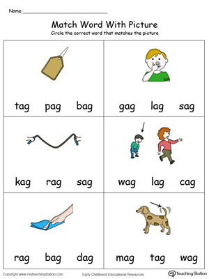 Match Word with Picture: AG Words in Color. Identifying words ending in  –AG by matching the words with each picture.