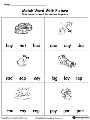 Match Word with Picture: AY Words. Identifying words ending in  –AY by matching the words with each picture.