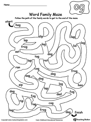 Practice thinking skills and word patterns with this OG Word Family maze printable worksheet.