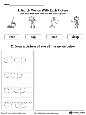 Practice tracing, drawing and recognizing the sounds of the letters OP in this Word Family printable.