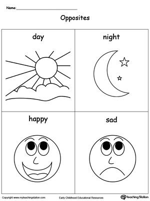 Introduce opposites words such as DAY, NIGHT, HAPPY and SAD using this printable flashcards to preschool kids. Browse more oppositve flashcards.