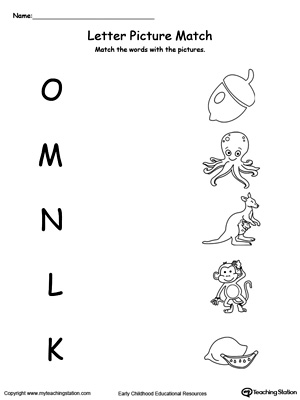 Preschool learning letter sounds printable worksheet. Match words starting with O,M,N,L,K with the picture