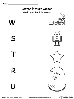Preschool learning letter sounds printable worksheet. Match words starting with W,S,T,R,U with the picture