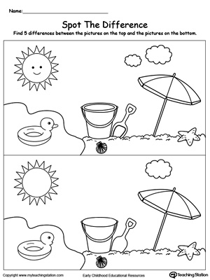 Spot the difference in the pictures of the beach in this preschool printable worksheet.