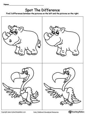 Spot the difference in the rhino and vulture pictures in this preschool printable worksheet.