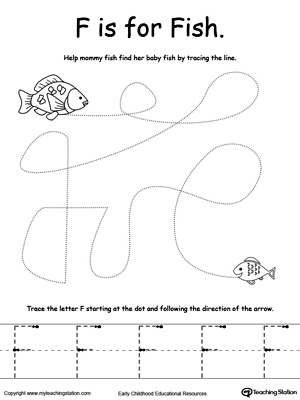 Say the name of the picture (Fish), then trace the lines and the letter F in this pre-writing printable worksheet.