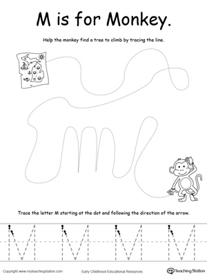 Say the name of the picture (Monkey), then trace the lines and the letter M in this pre-writing printable worksheet.