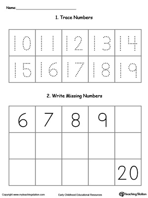 Practice writing and number sequence by completing the missing numbers 10-20 in this printable worksheet.
