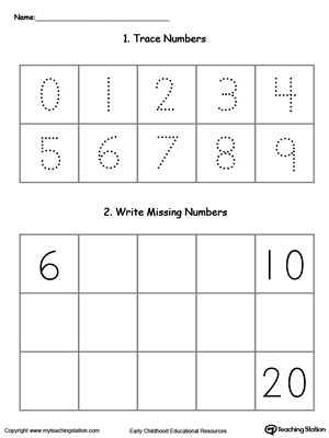 Practice writing and number sequence by completing the missing numbers 6-20 in this printable worksheet.