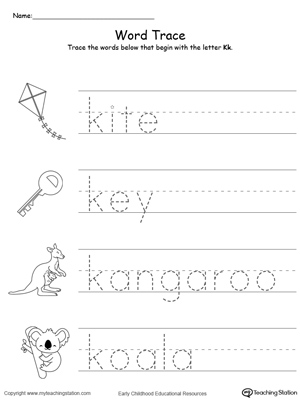 Trace Words That Begin With Letter Sound: K. Preschool learning letter sounds printable activity worksheets.