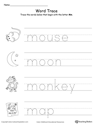 Trace Words That Begin With Letter Sound: M. Preschool learning letter sounds printable activity worksheets.