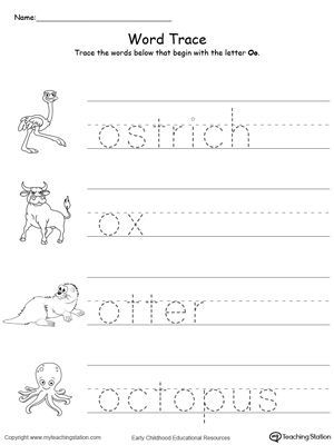 Trace Words That Begin With Letter Sound: O. Preschool learning letter sounds printable activity worksheets.