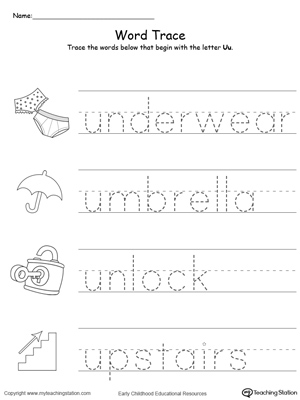 Trace Words That Begin With Letter Sound: U. Preschool learning letter sounds printable activity worksheets.