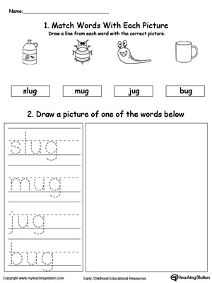 Practice tracing, drawing and recognizing the sounds of the letters UG in this Word Family printable.