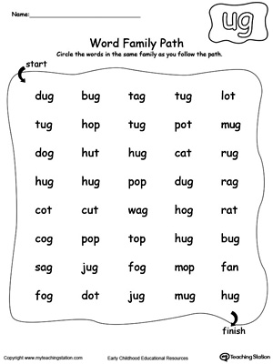 Find and circle words in this UG Word Family path printable worksheet.