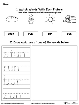 Practice tracing, drawing and recognizing the sounds of the letters UN in this Word Family printable.
