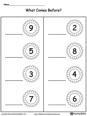 Practice learning what number comes before with this kindergarten math printable worksheet