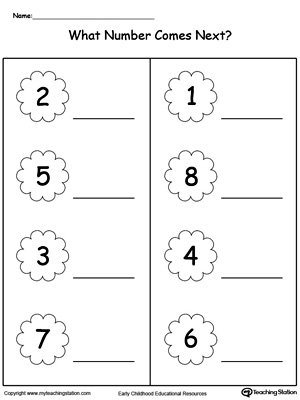 Practice identifying what number comes next in this preschool math printable worksheet.